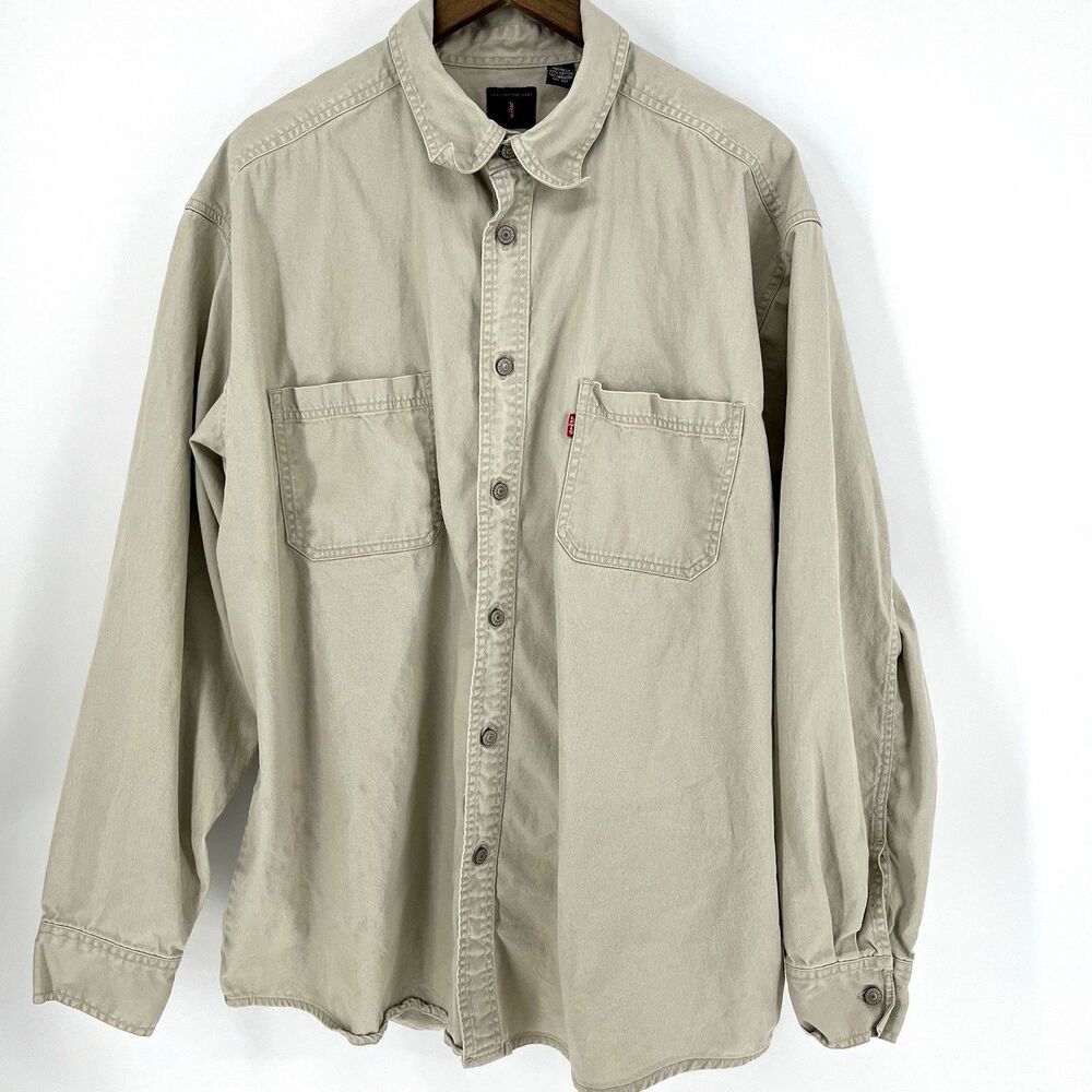 VTG Levi’s Men’s XL Beige Solid Twill Cotton Long Sleeve Button-Up Shirt Pockets